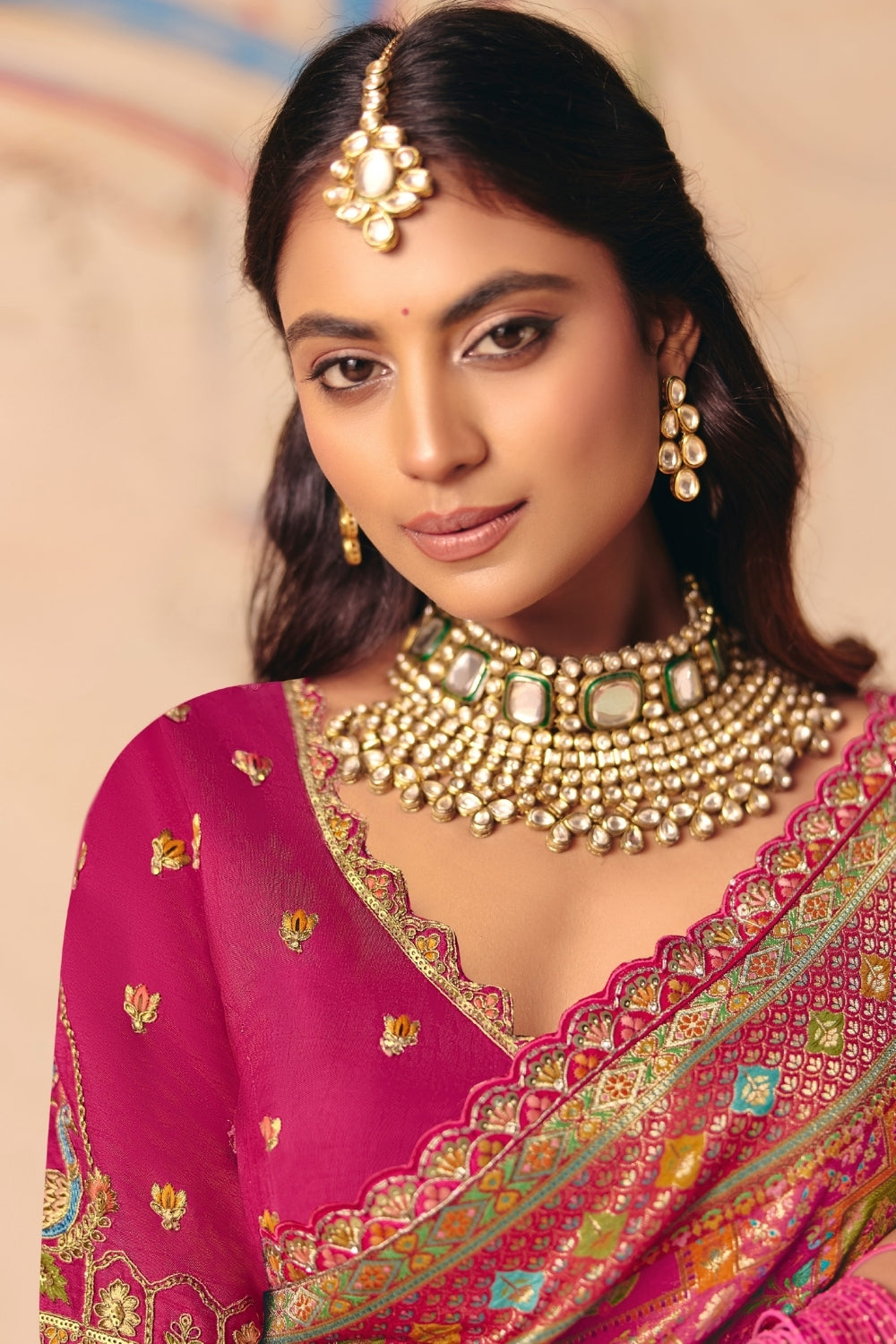 Rani Pink Printed Silk Saree with Resham Embroidery Work