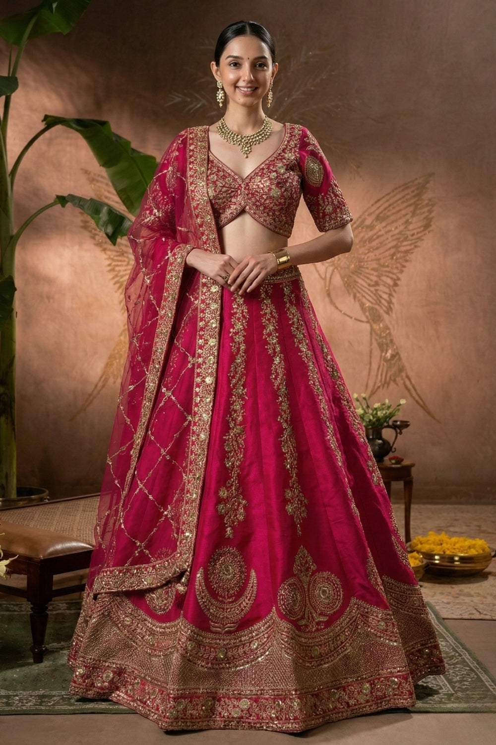 Rani Pink Silk Lehenga Set with Embroidery and Sequins Work