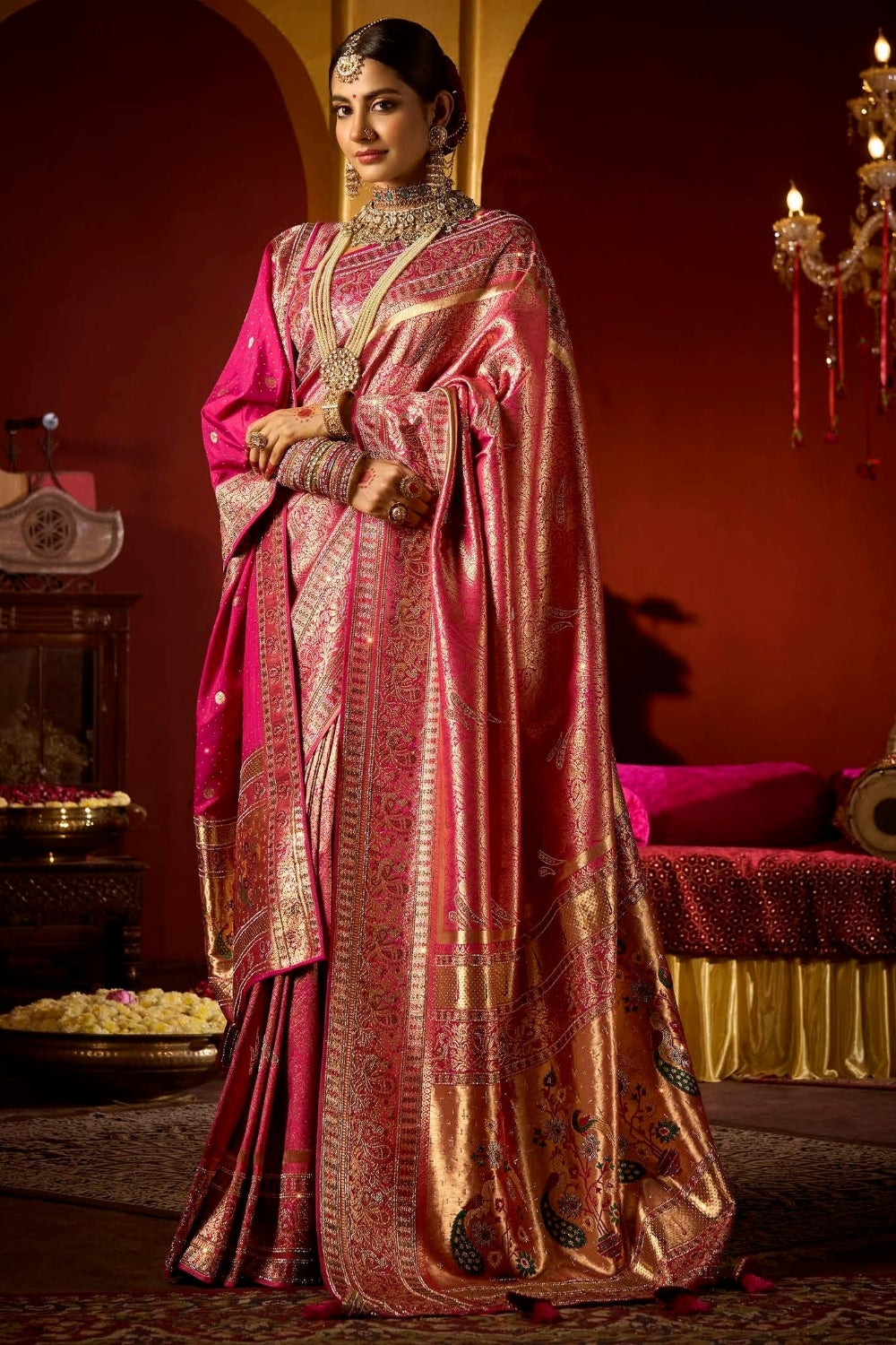 Rani Pink Silk Saree with Stone and Embroidery Work