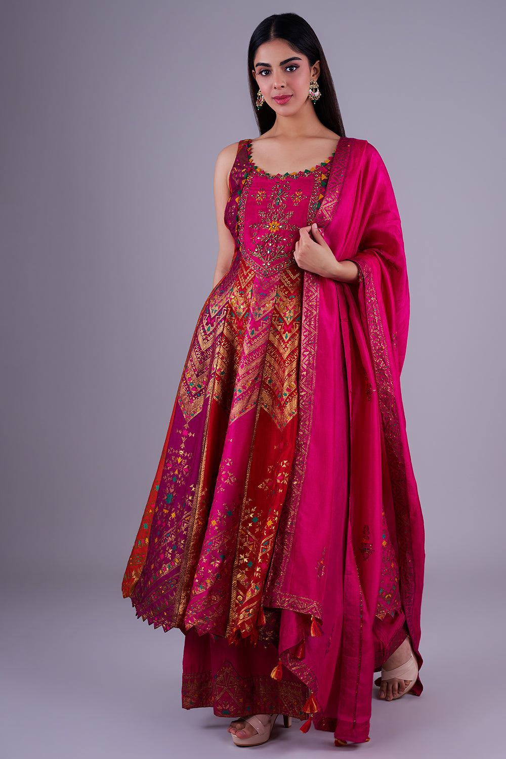 Rani pink zari-embroidered festive set