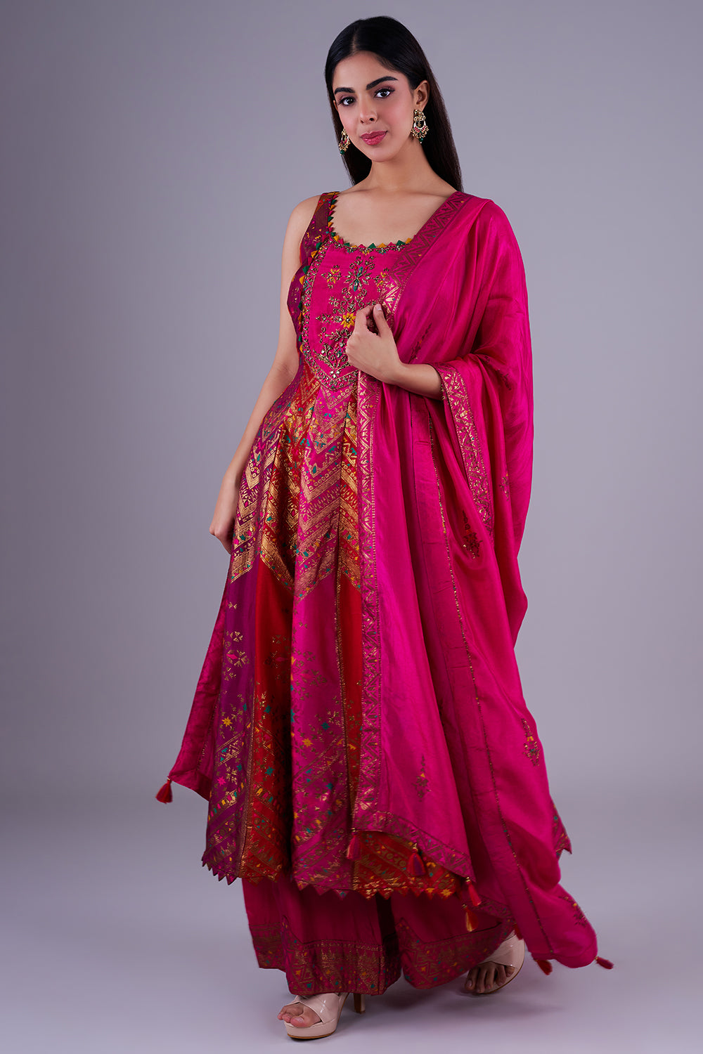 Rani pink zari-embroidered festive set
