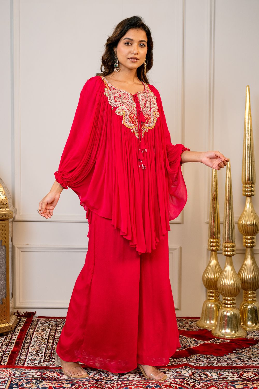 Red Georgette Indo Western with Resham Embroidery and Moti Work