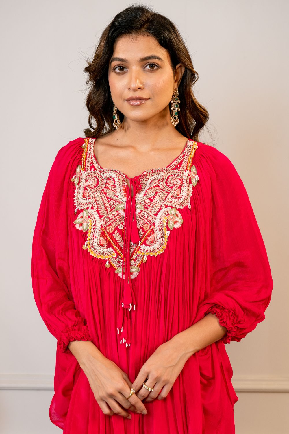 Red Georgette Indo Western with Resham Embroidery and Moti Work