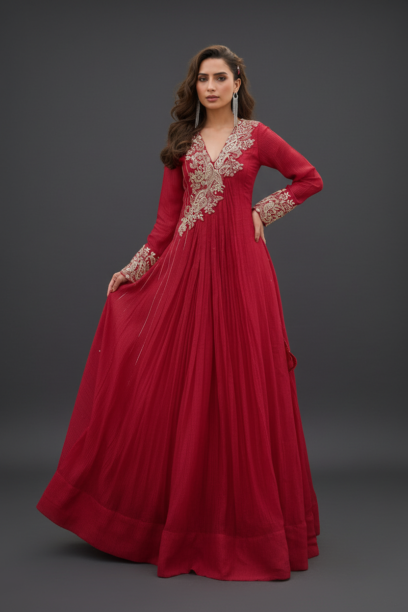 Red Silk Anarkali Set with Mirror and Embroidery Work