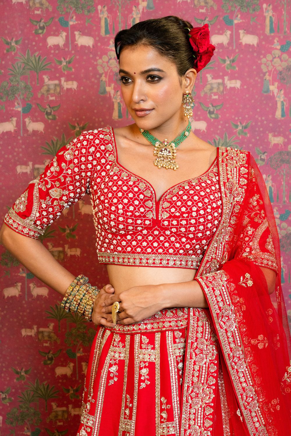 Red Silk Bridal Lehenga Set With Cutdana And Sequins Handwork