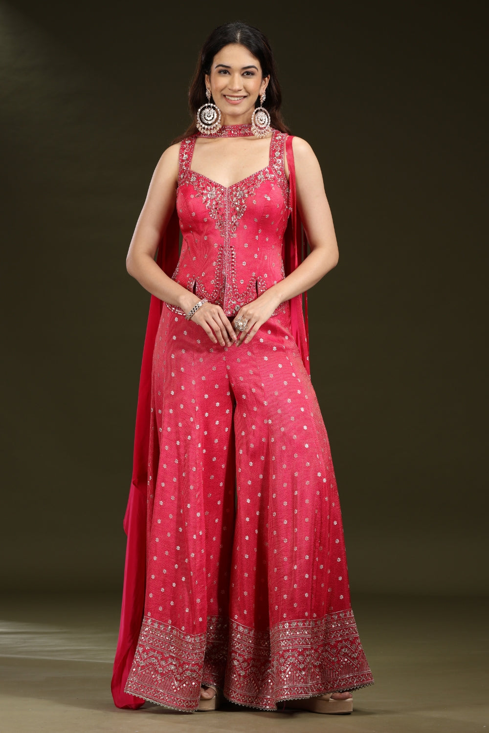 Red Silk Palazzo Set with Cutdana and Mirror Work
