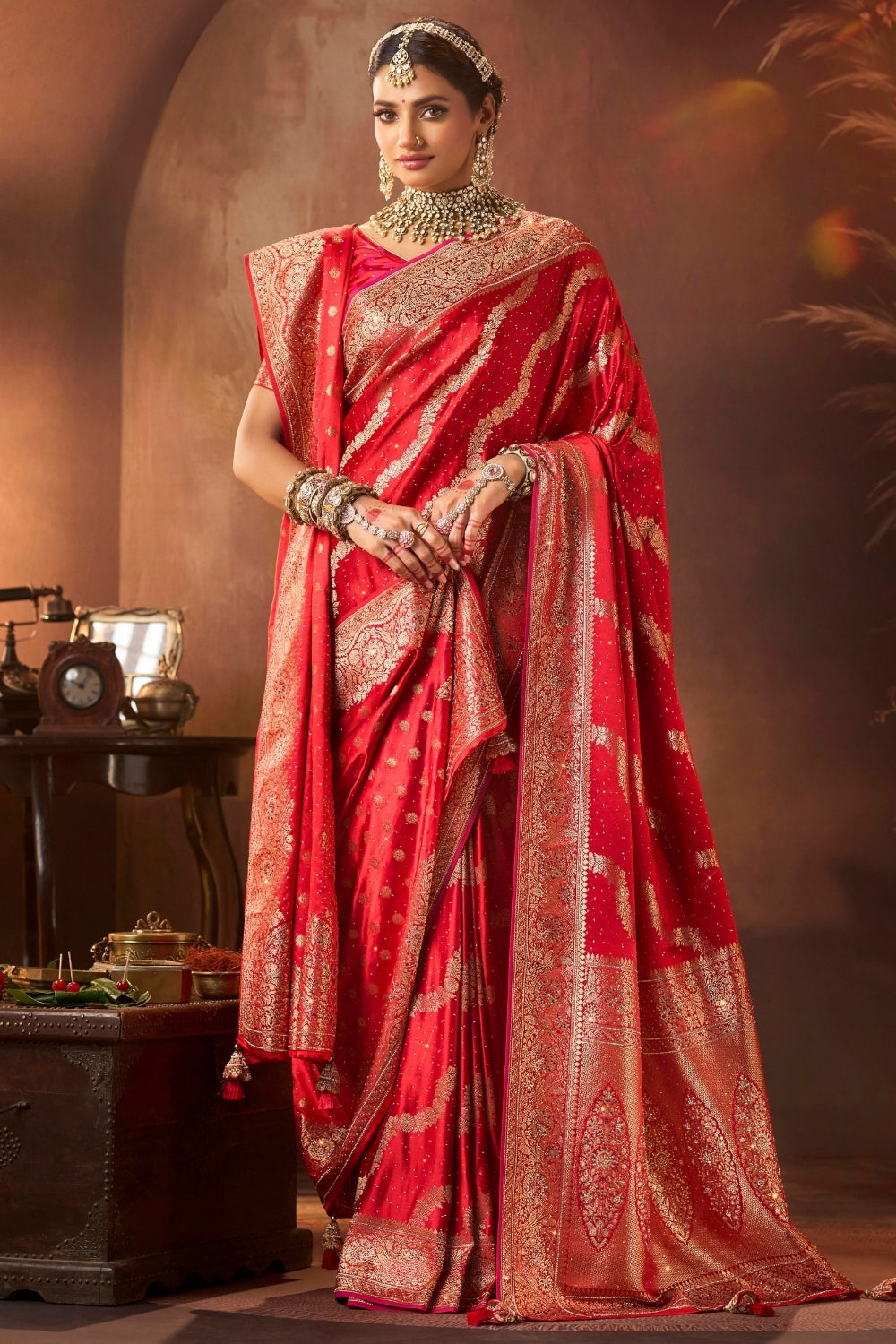 Red Silk Saree with Stone and Embroidery Work
