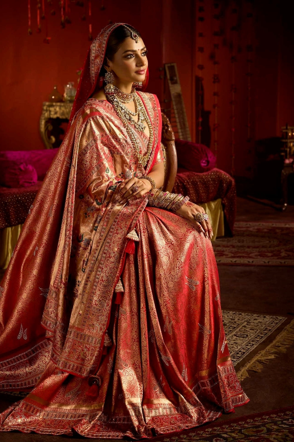Red Silk Saree with Stone and Embroidery Work
