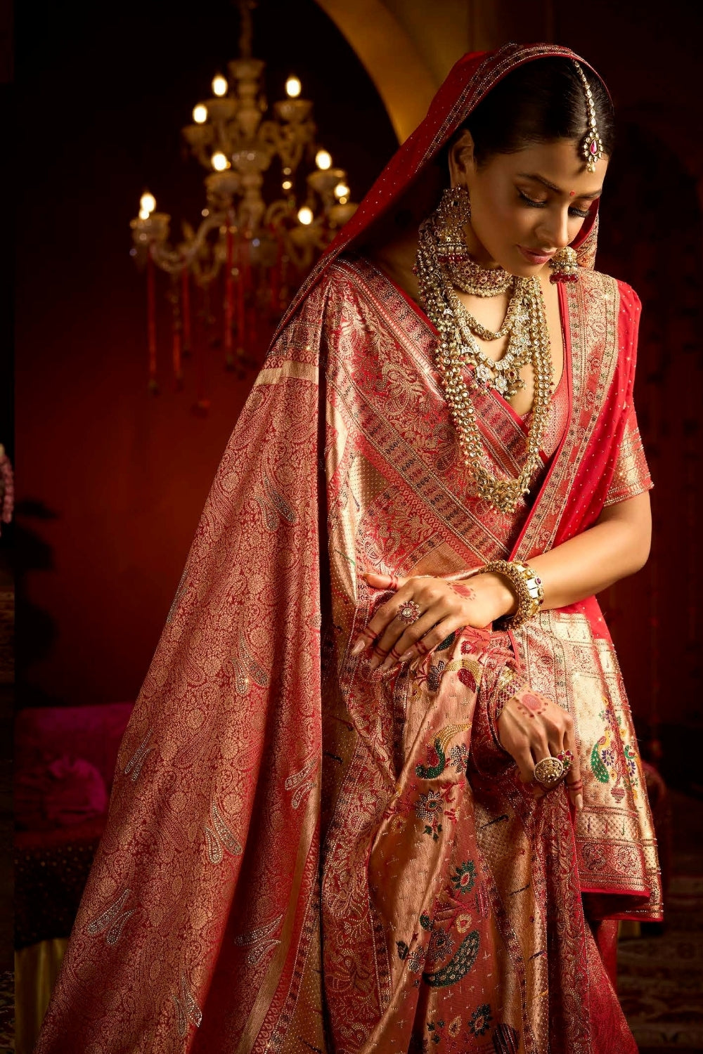 Red Silk Saree with Stone and Embroidery Work