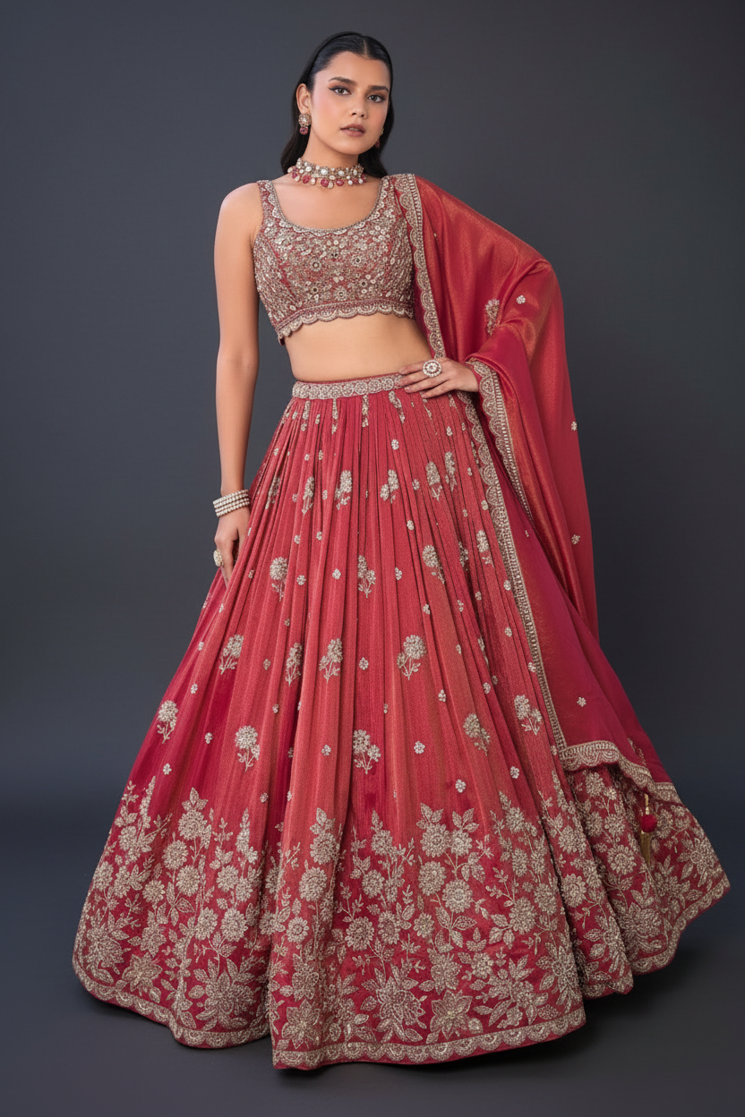 Red Tissue Silk Lehenga Set with Zardosi and Moti Work