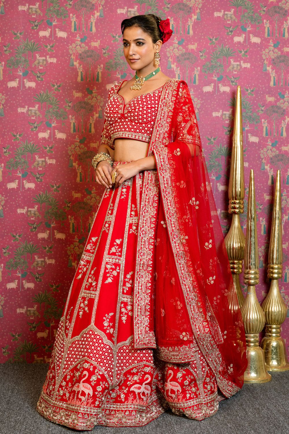 Red Silk Bridal Lehenga Set With Cutdana And Sequins Handwork