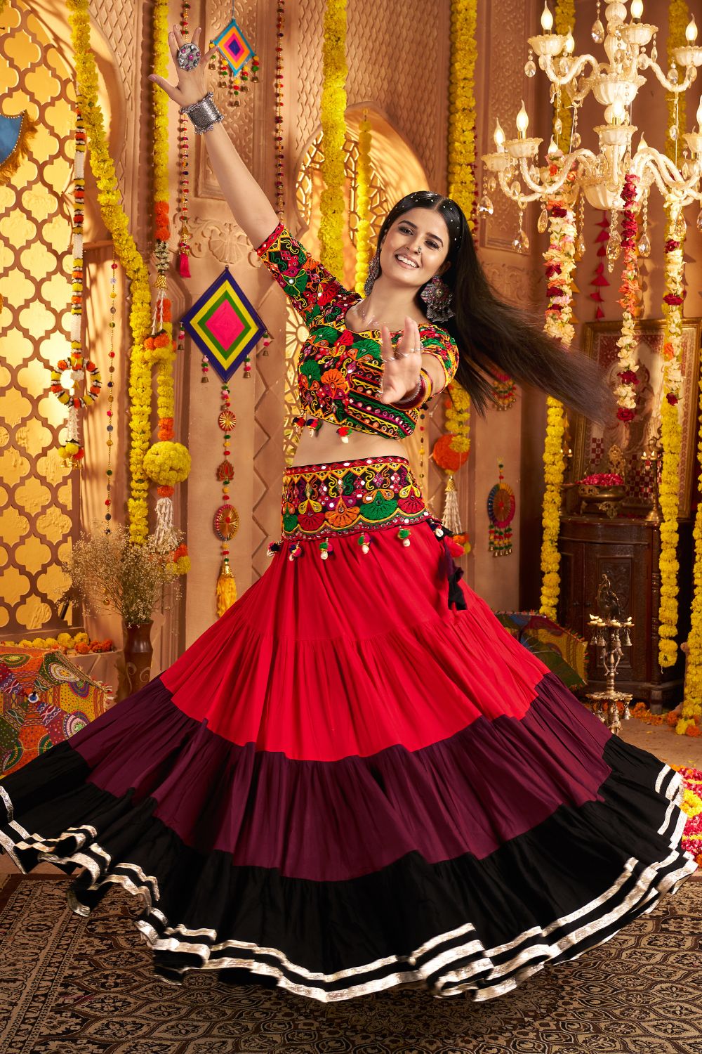 Red And Multi Viscose Cotton Navratri Lehenga Choli Thread With Mirror Work
