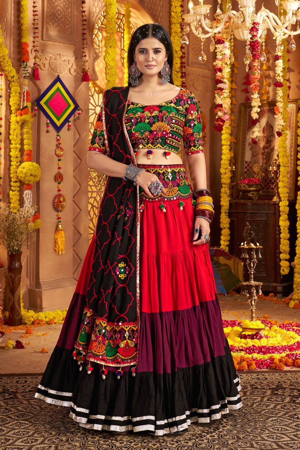 Red And Multi Viscose Cotton Navratri Lehenga Choli Thread With Mirror Work