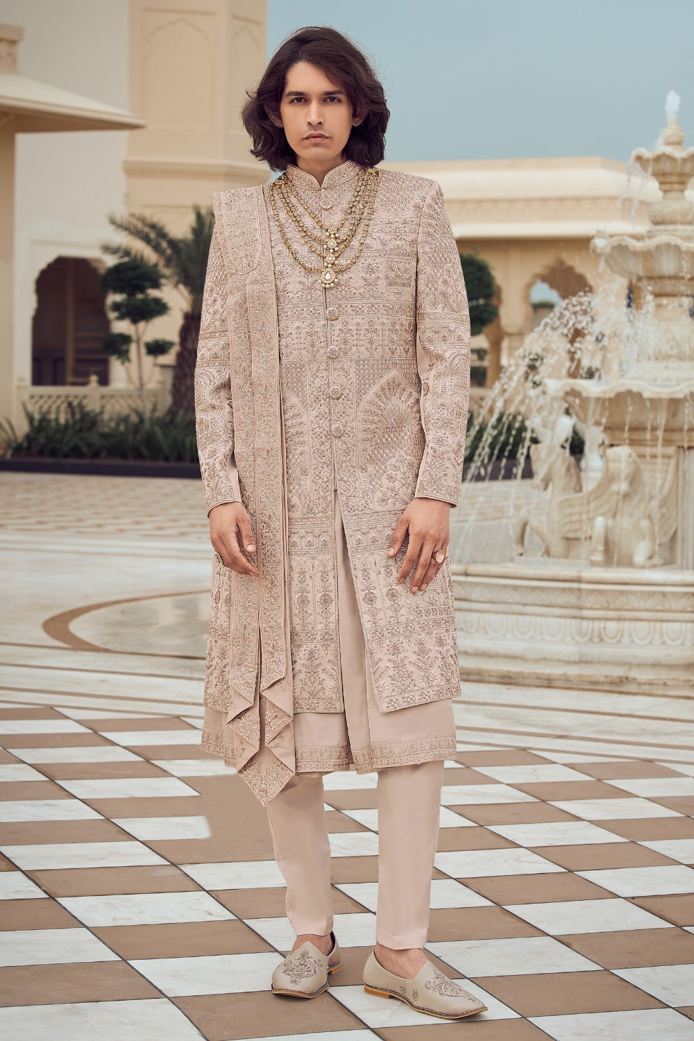 Rose Gold Silk Sherwani with Cutdana and Resham Embroidery