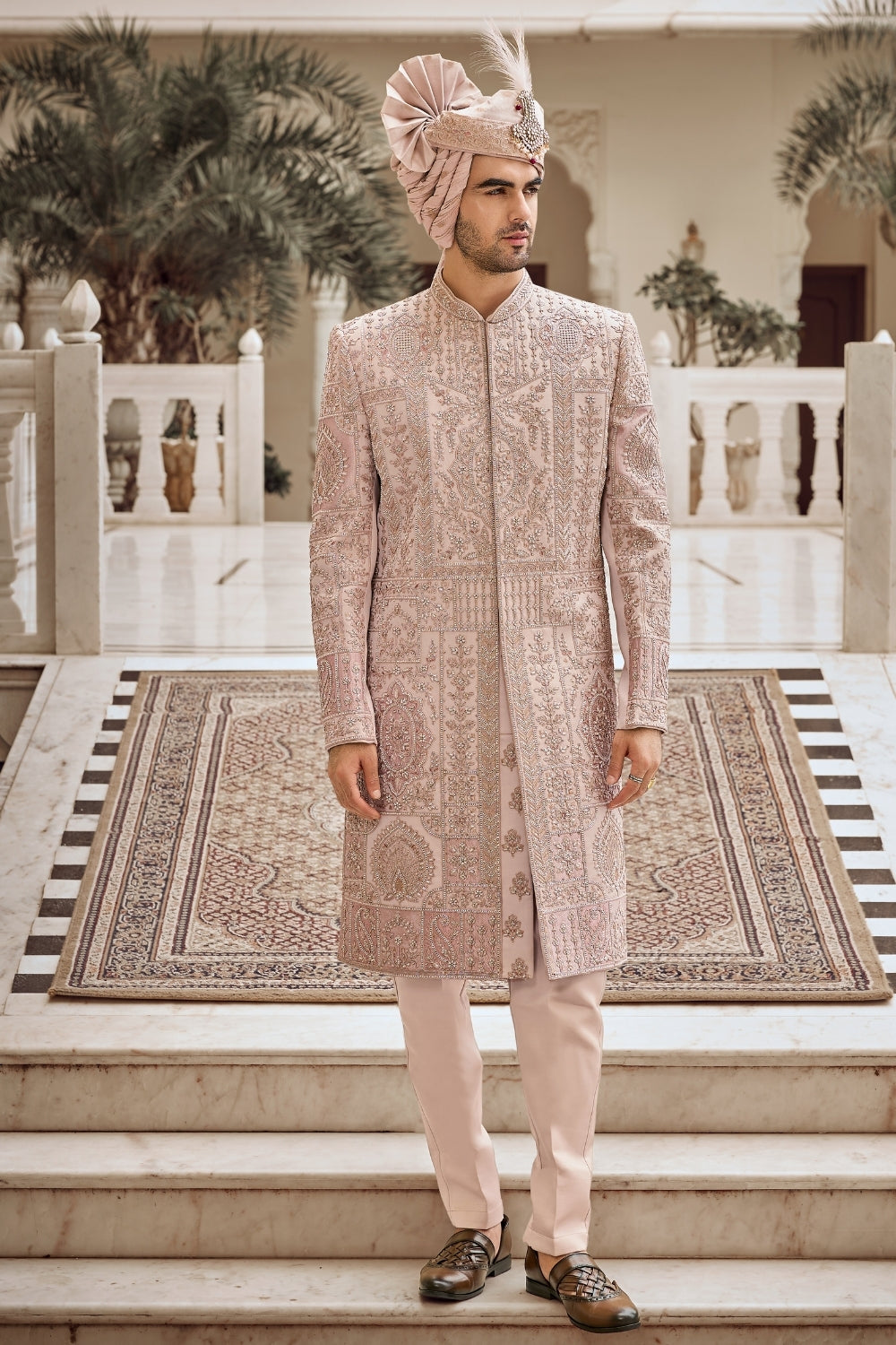 Rose Gold Silk Sherwani with Sequins and Moti Work
