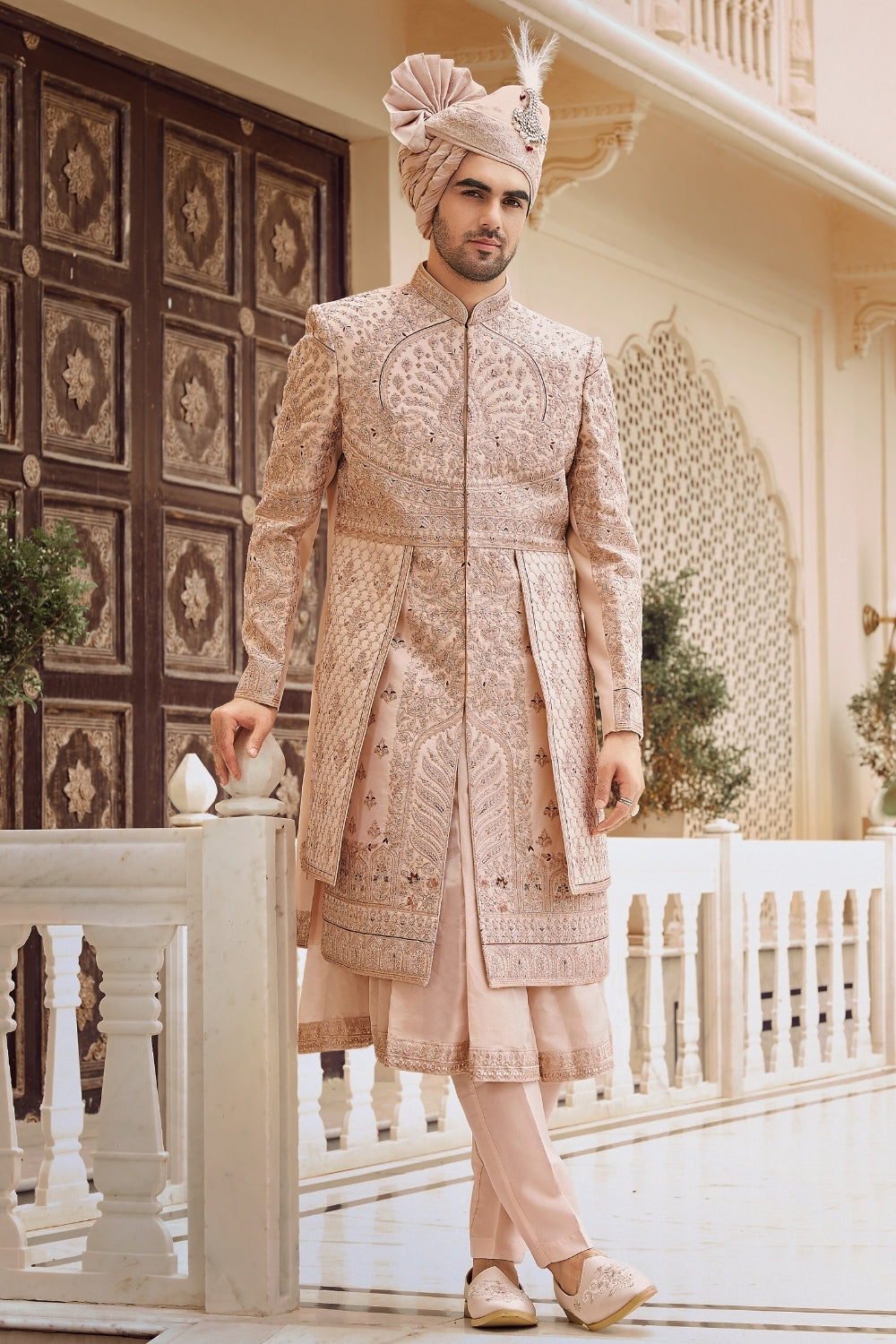 Rose Gold Silk Sherwani with the Cutdana and Moti Work