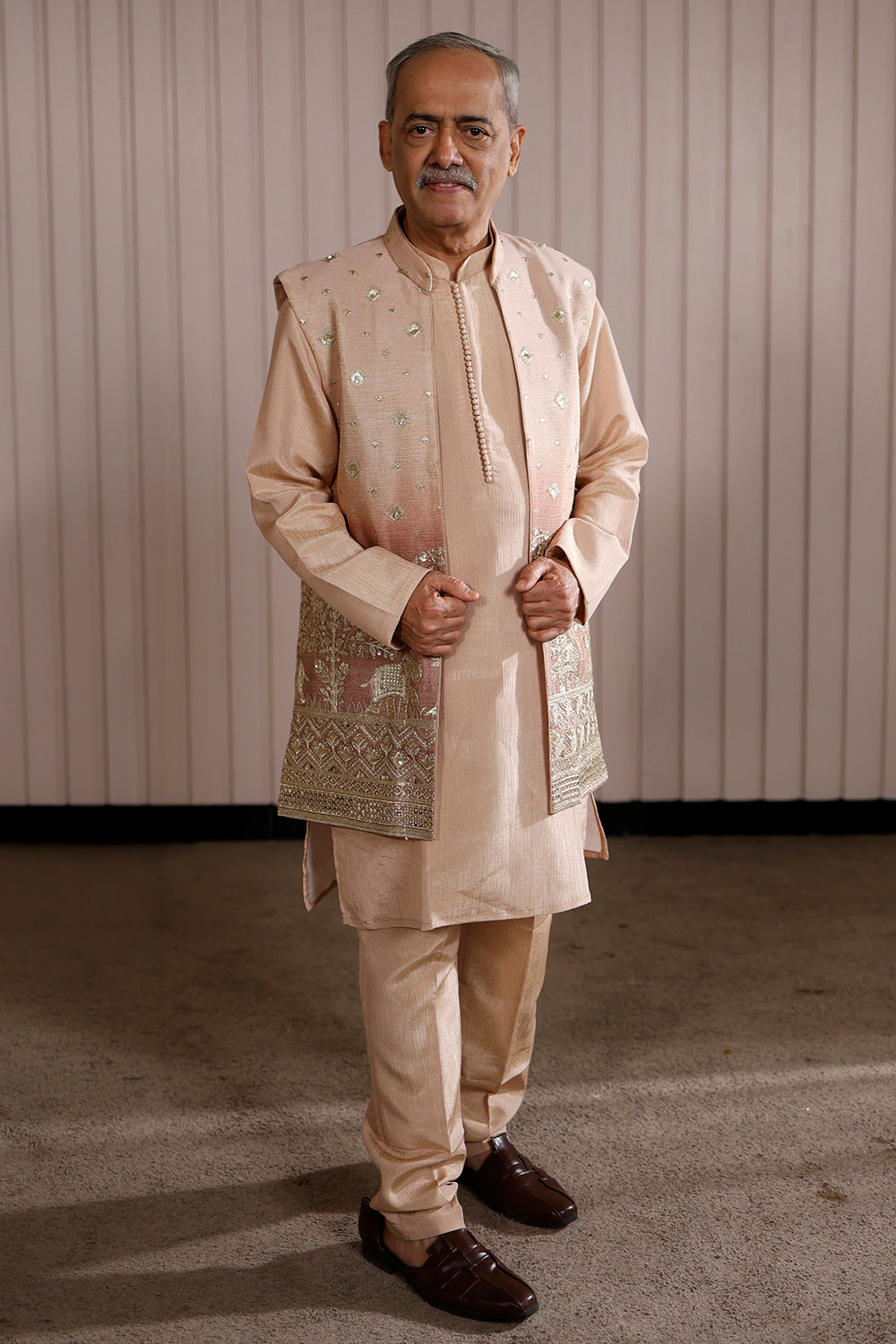 Rose Gold Tissue Jacket Set with Elephant Motif Embroidery.