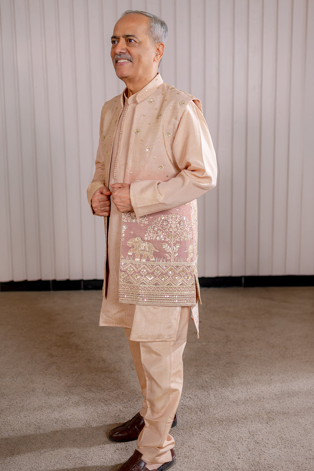 Beige Crepe Tissue Koti Set with Sequins and Embroidery Work