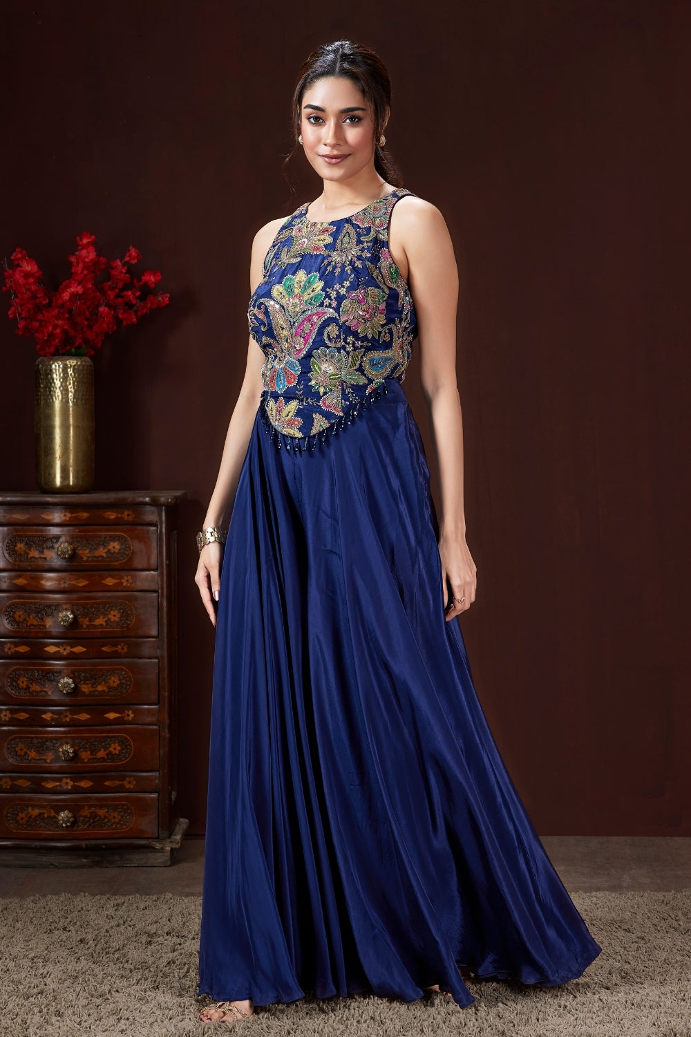 Royal Blue Crepe Silk Palazzo Set with Cutdana and Beads Work