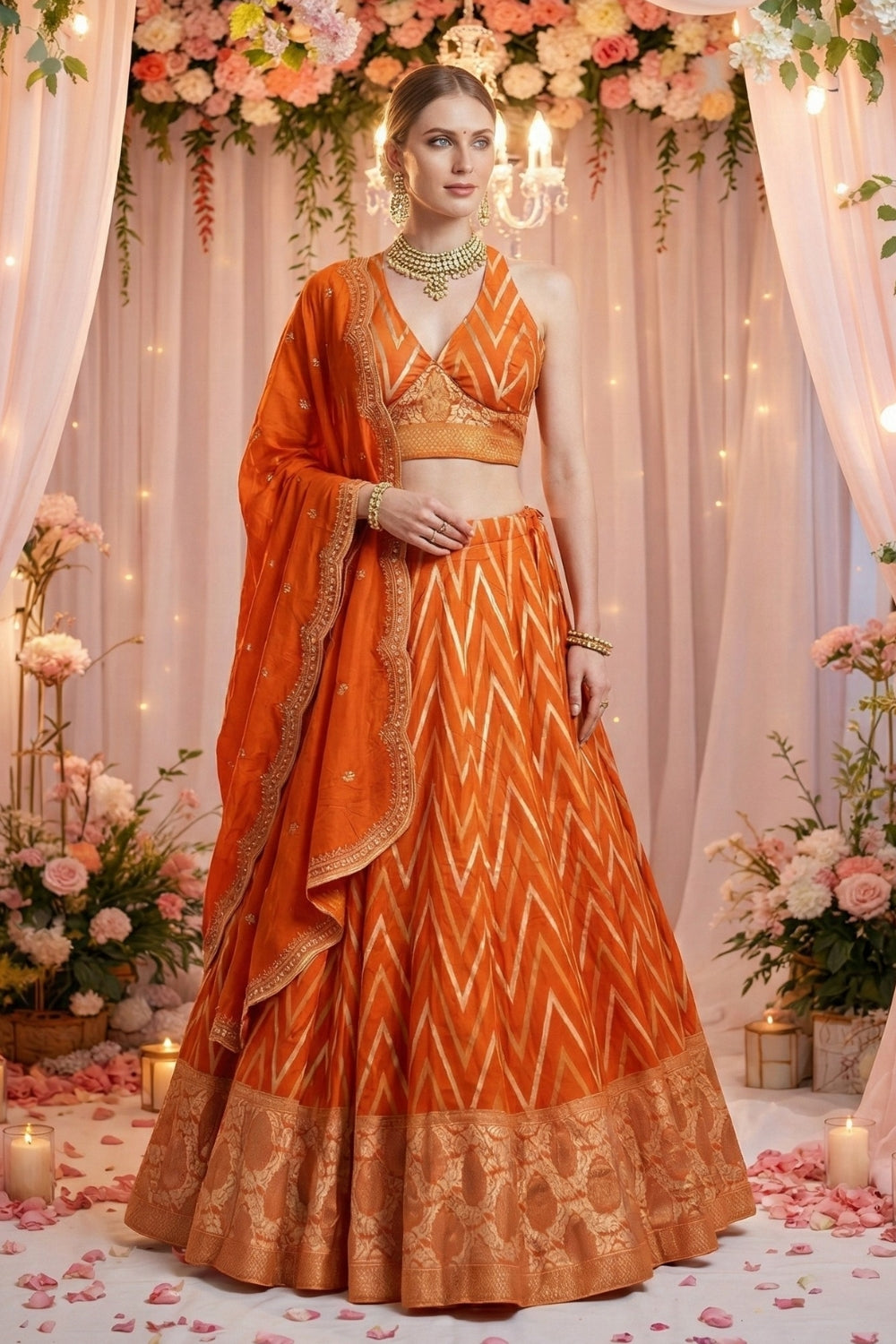 Rust Banarsi Silk Waving Lehenga Set