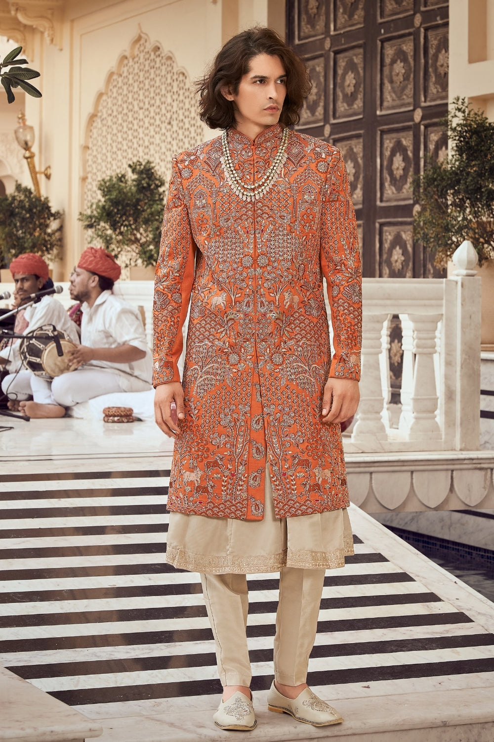 Rust Silk Sherwani with Zardosi and Resham Embroidery