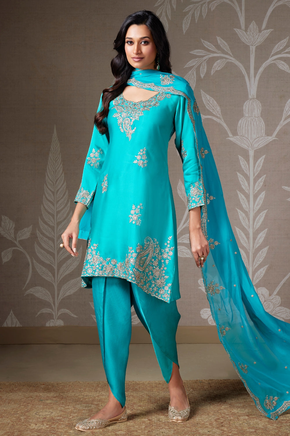 SATIN SILK DHOTI SET WITH EMBROIDERY AND SEQUINS