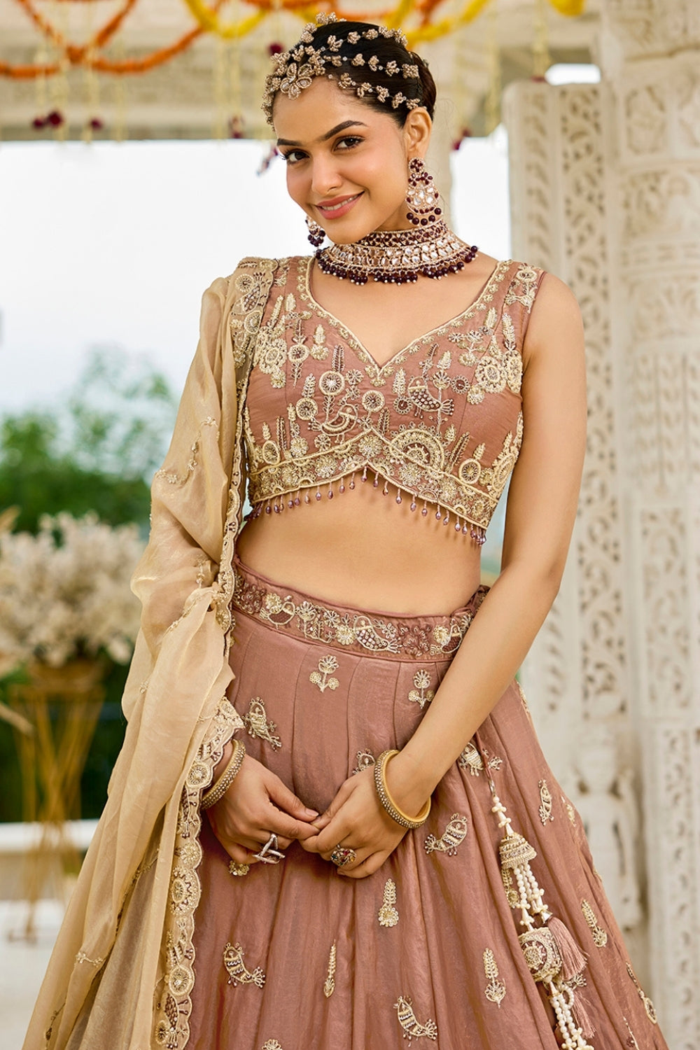 SATIN SILK LEHENGA CHOLI WITH RESHAM EMBROIDERY AND BEADS