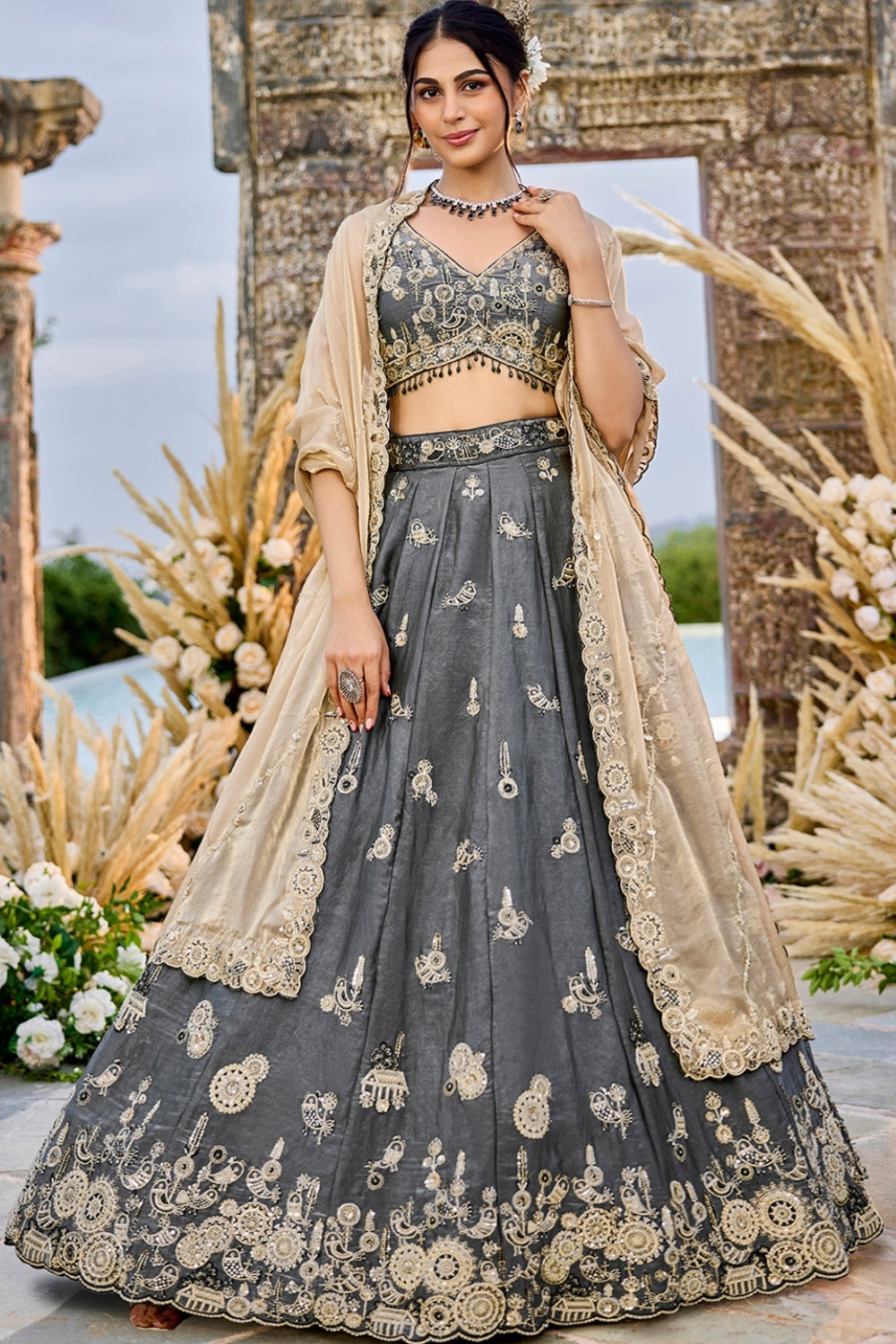 SATIN SILK LEHENGA CHOLI WITH RESHAM EMBROIDERY AND BEADS