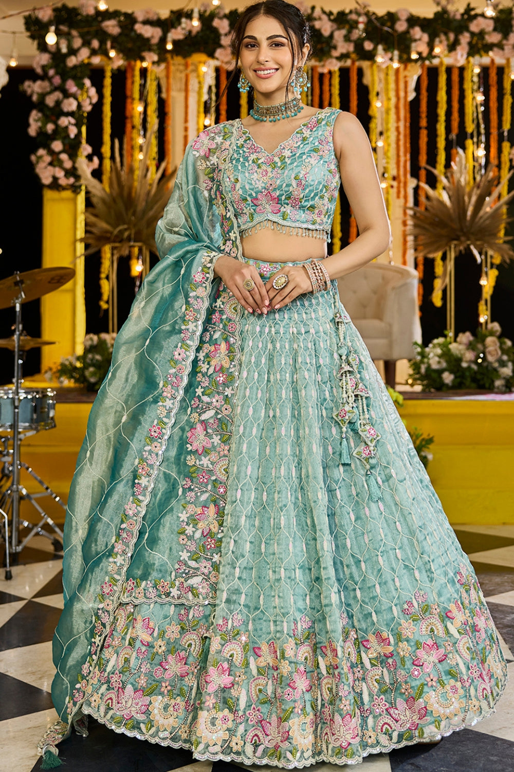 SATIN SILK LEHENGA CHOLI WITH RESHAM EMBROIDERY AND MOTI