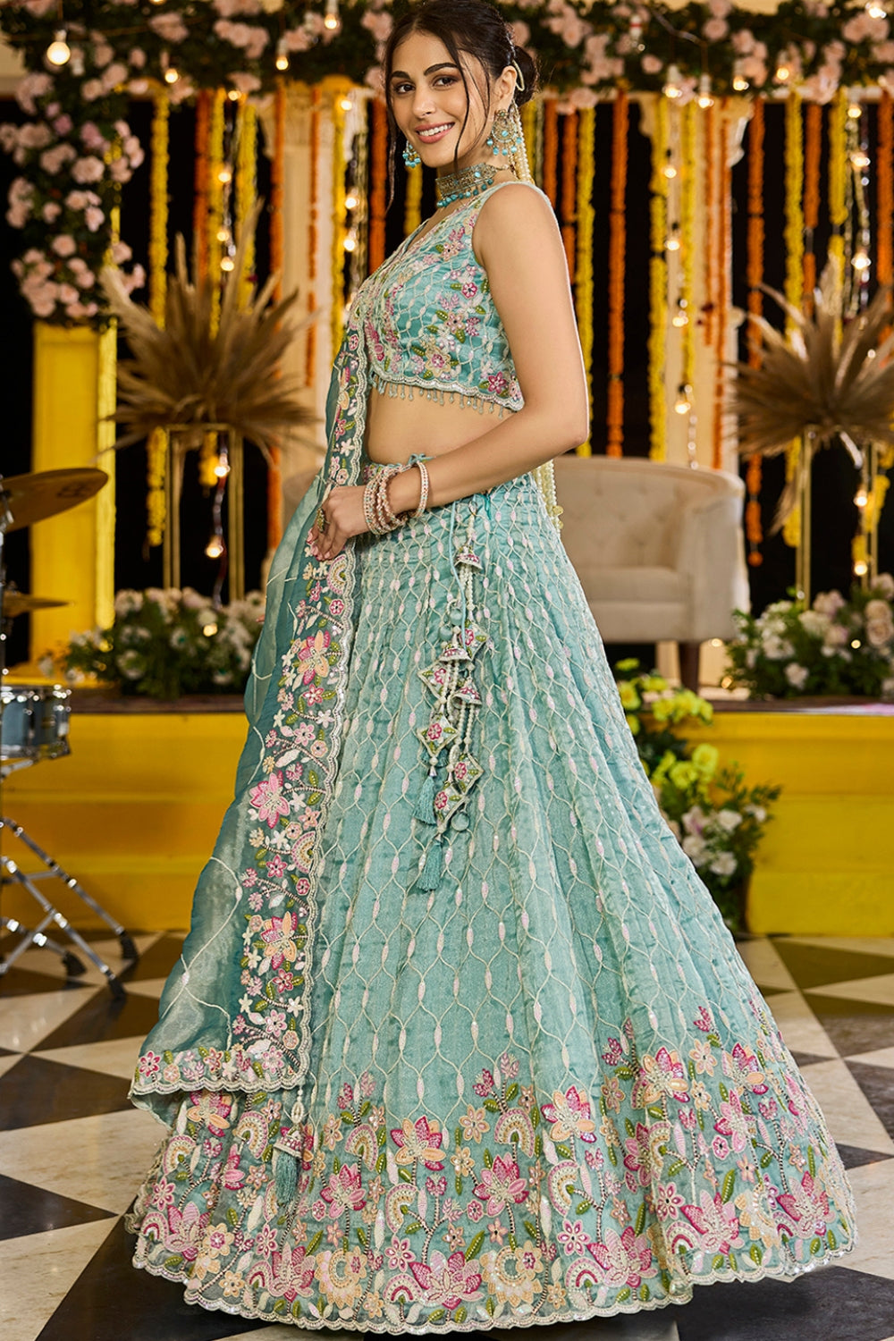 SATIN SILK LEHENGA CHOLI WITH RESHAM EMBROIDERY AND MOTI