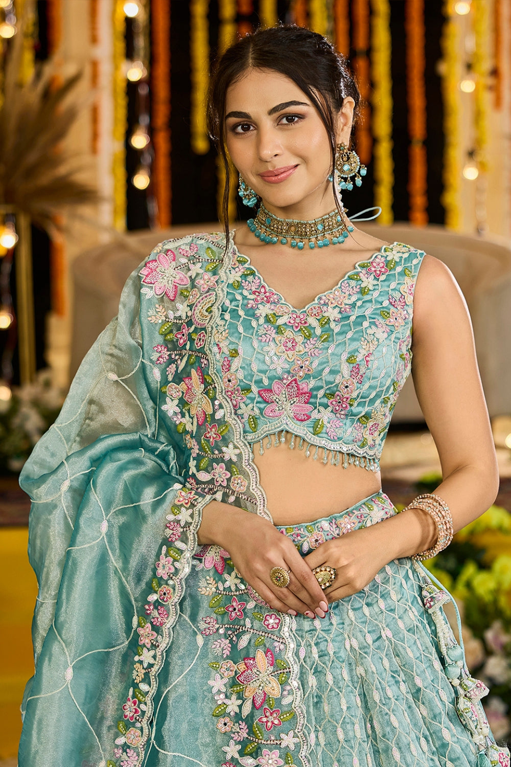 SATIN SILK LEHENGA CHOLI WITH RESHAM EMBROIDERY AND MOTI
