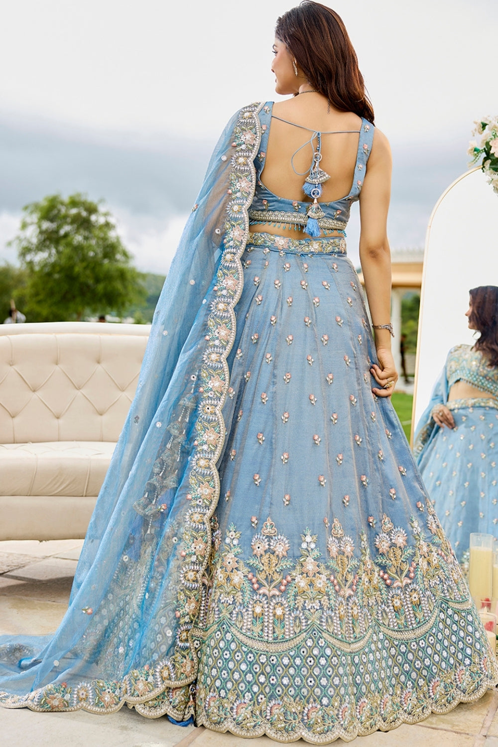 SATIN  SILK LEHENGA CHOLI WITH RESHAM EMBROIDERY AND SEQUINS