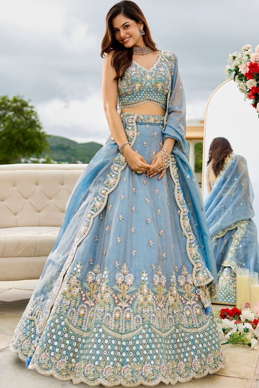 SATIN  SILK LEHENGA CHOLI WITH RESHAM EMBROIDERY AND SEQUINS