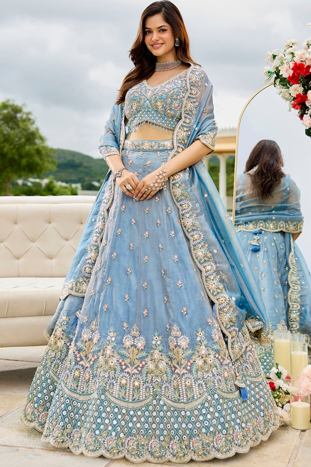 SATIN  SILK LEHENGA CHOLI WITH RESHAM EMBROIDERY AND SEQUINS
