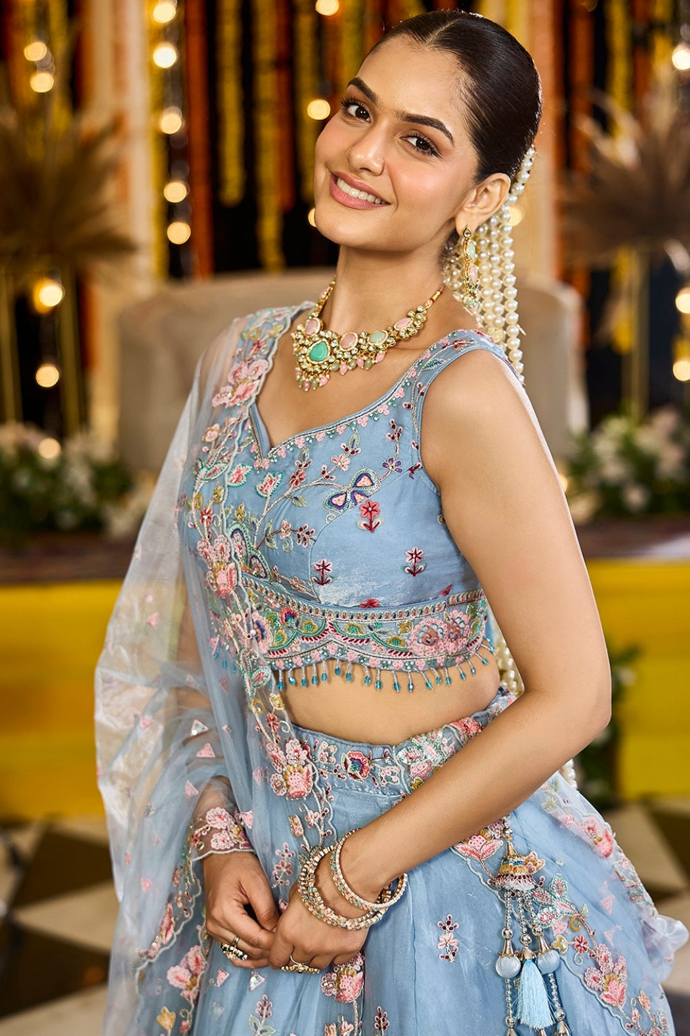 SATIN  SILK LEHENGA CHOLI WITH RESHAM EMBROIDERY AND SEQUINS