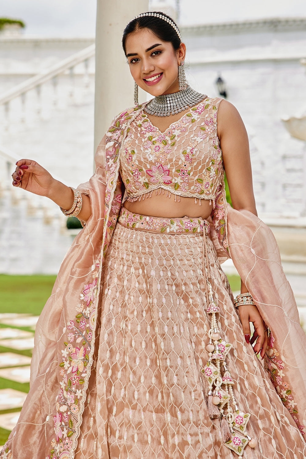 SATIN SILK LEHENGA CHOLI WITH RESHAM EMBROIDERY AND MOTI