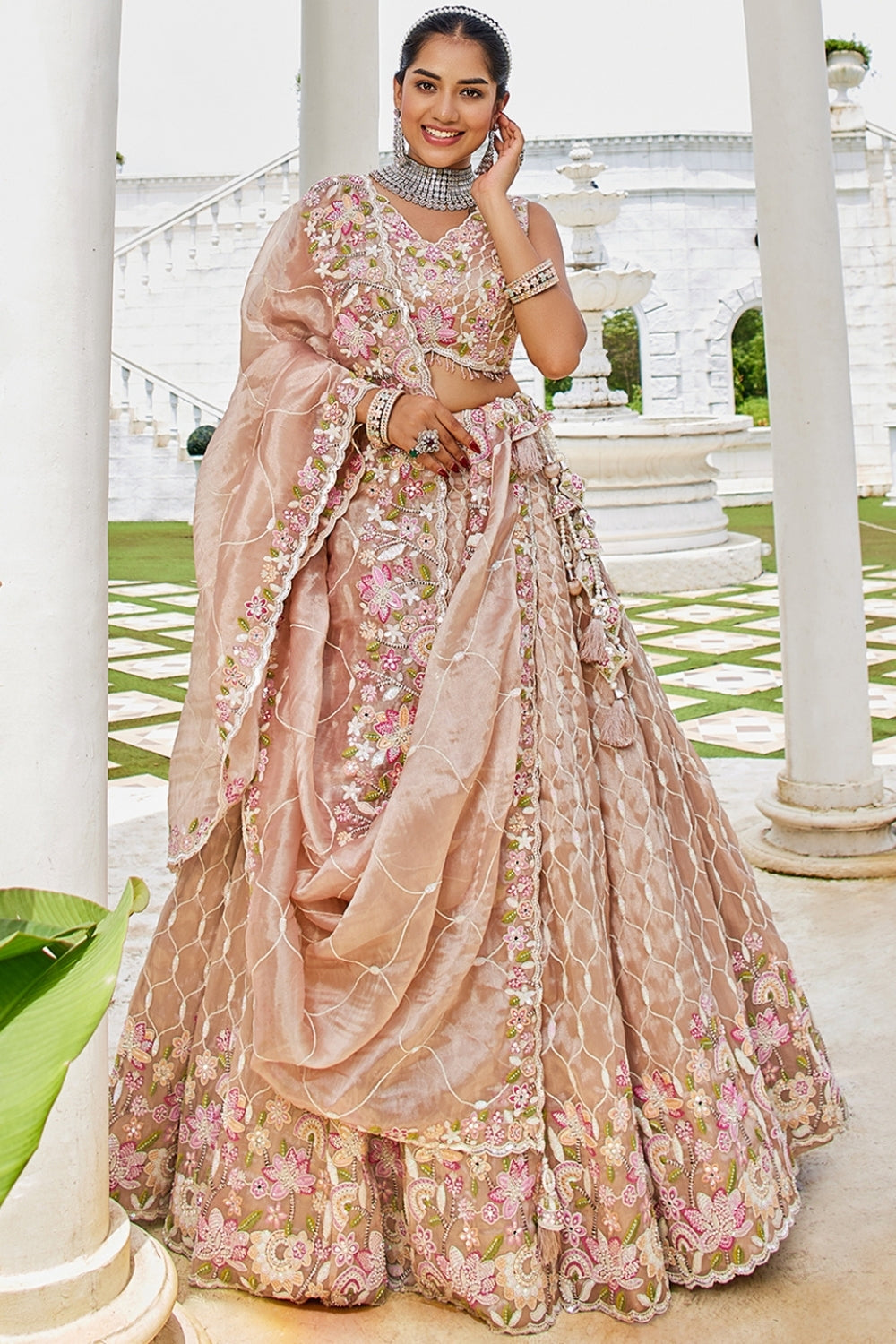 SATIN SILK LEHENGA CHOLI WITH RESHAM EMBROIDERY AND MOTI