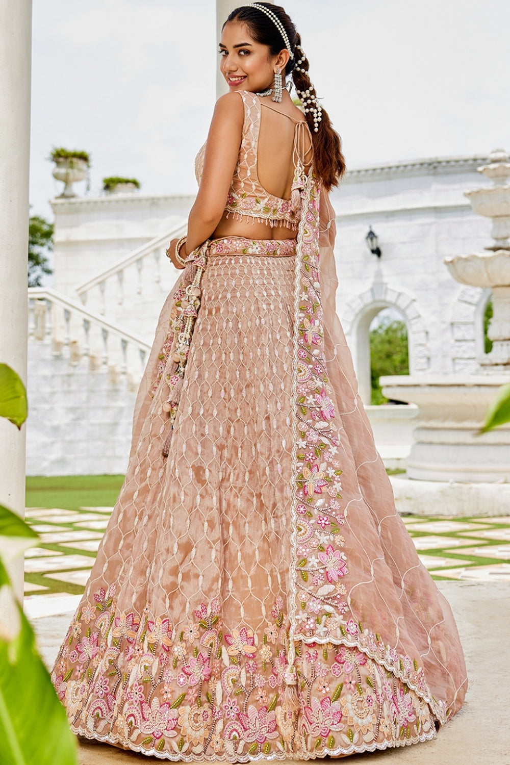 SATIN SILK LEHENGA CHOLI WITH RESHAM EMBROIDERY AND MOTI