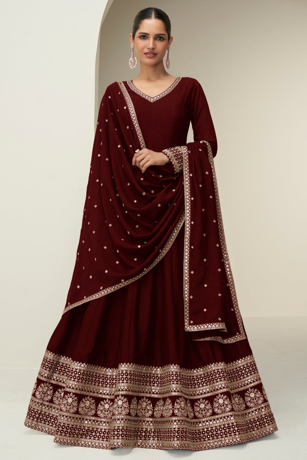 SILK ANARKALI SUIT WITH EMBROIDERY AND SEQUINS