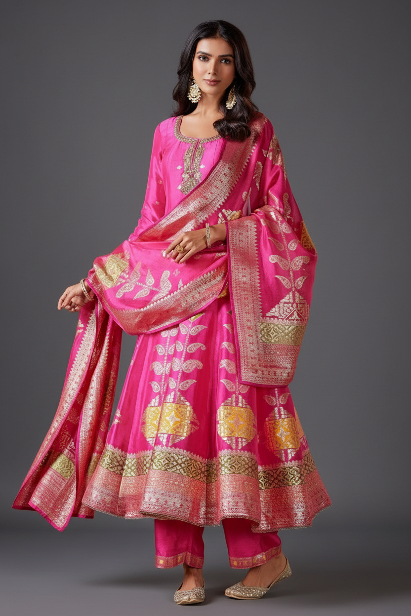 RANI PINK SILK ANARKALI SUIT WITH ZARDOSI AND ZARI WEAVING