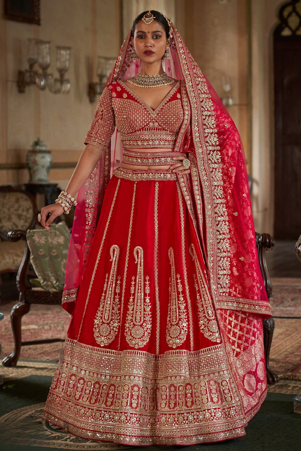 SILK BRIDAL LEHENGA WITH RESHAM EMBROIDERY AND ZARDOSI