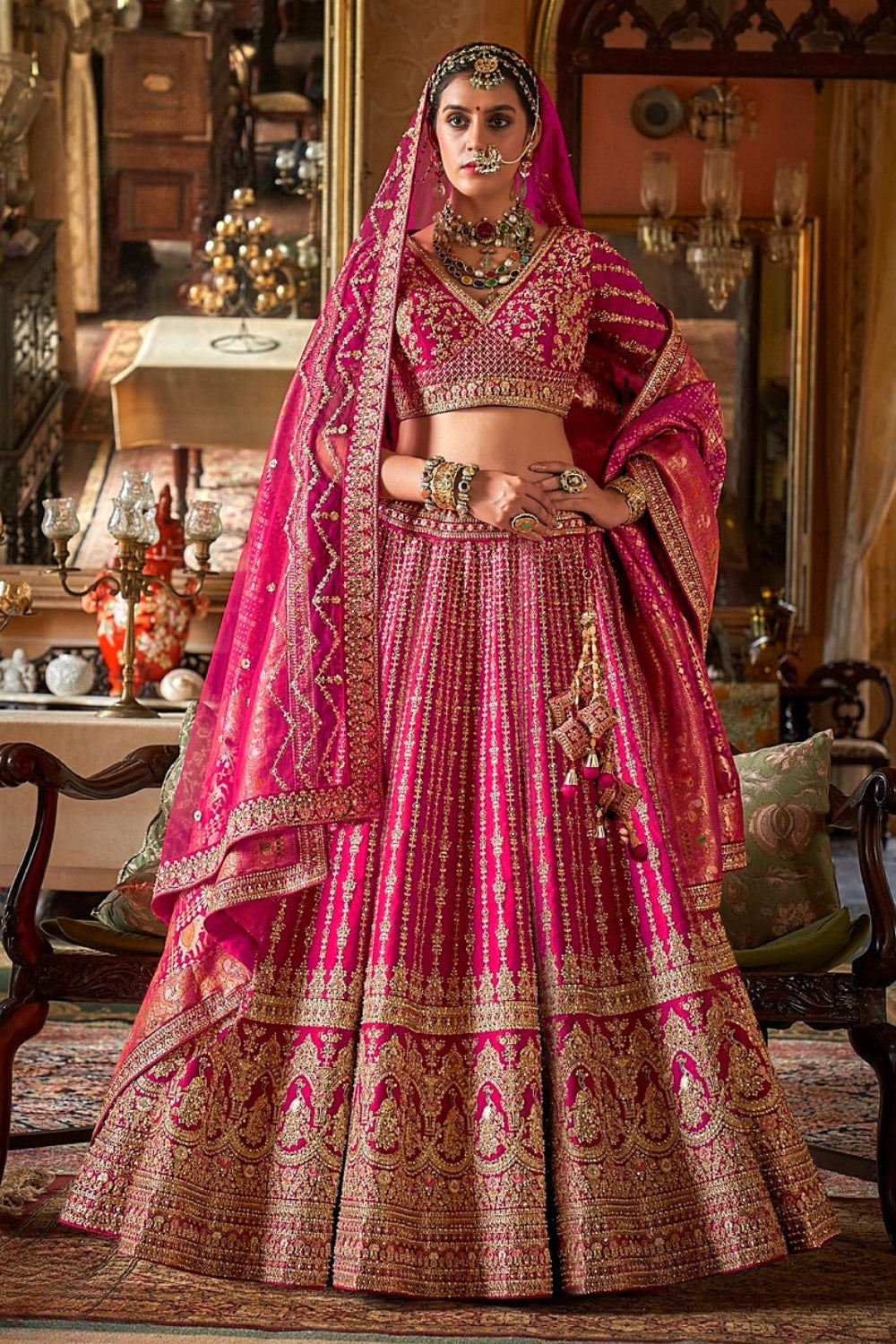 SILK BRIDAL LEHENGA WITH RESHAM EMBROIDERY AND MOTI WORK