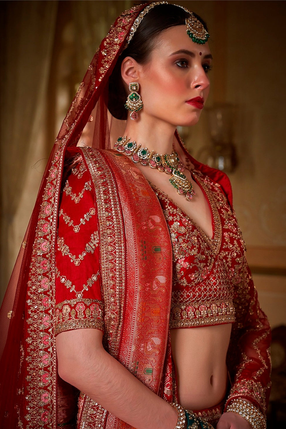 SILK BRIDAL LEHENGA WITH RESHAM EMBROIDERY AND MOTI WORK