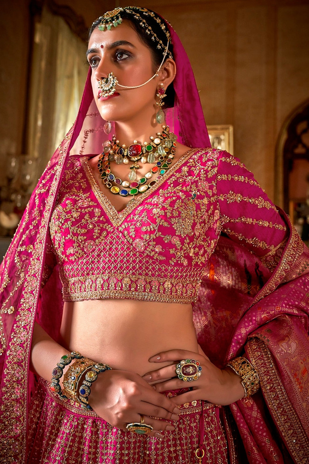 SILK BRIDAL LEHENGA WITH RESHAM EMBROIDERY AND MOTI WORK
