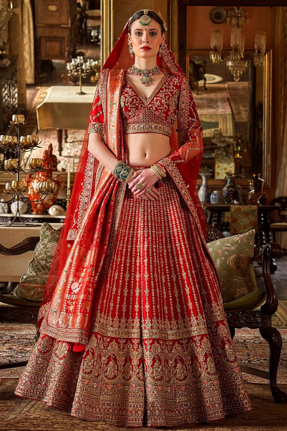SILK BRIDAL LEHENGA WITH RESHAM EMBROIDERY AND MOTI WORK