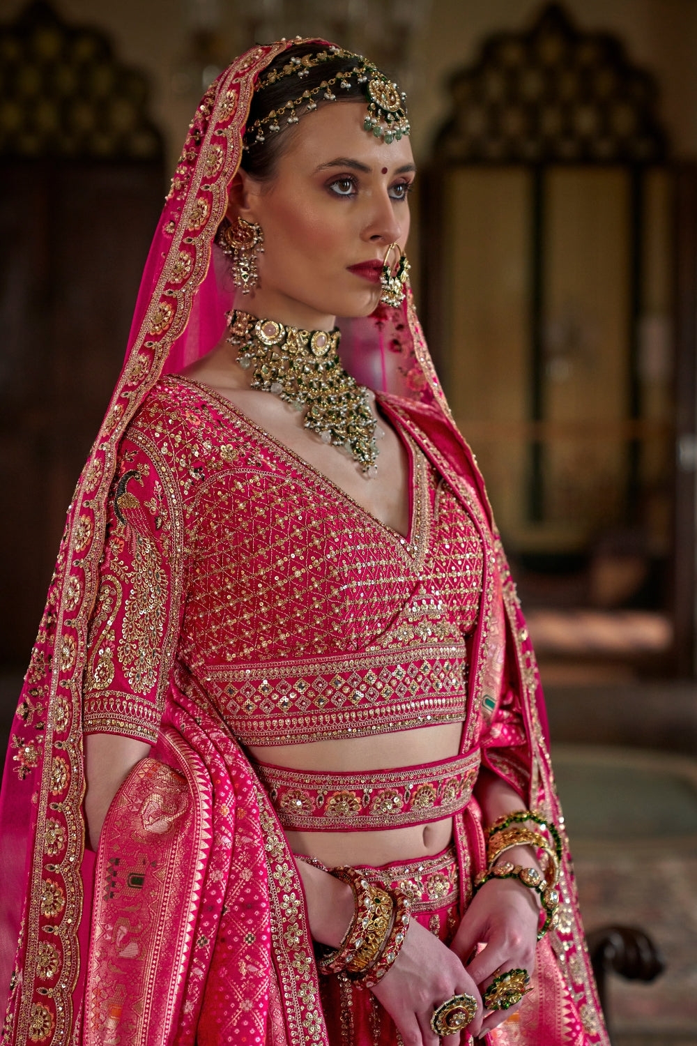SILK BRIDAL LEHENGA WITH MOTI AND ZARDOSI WORK