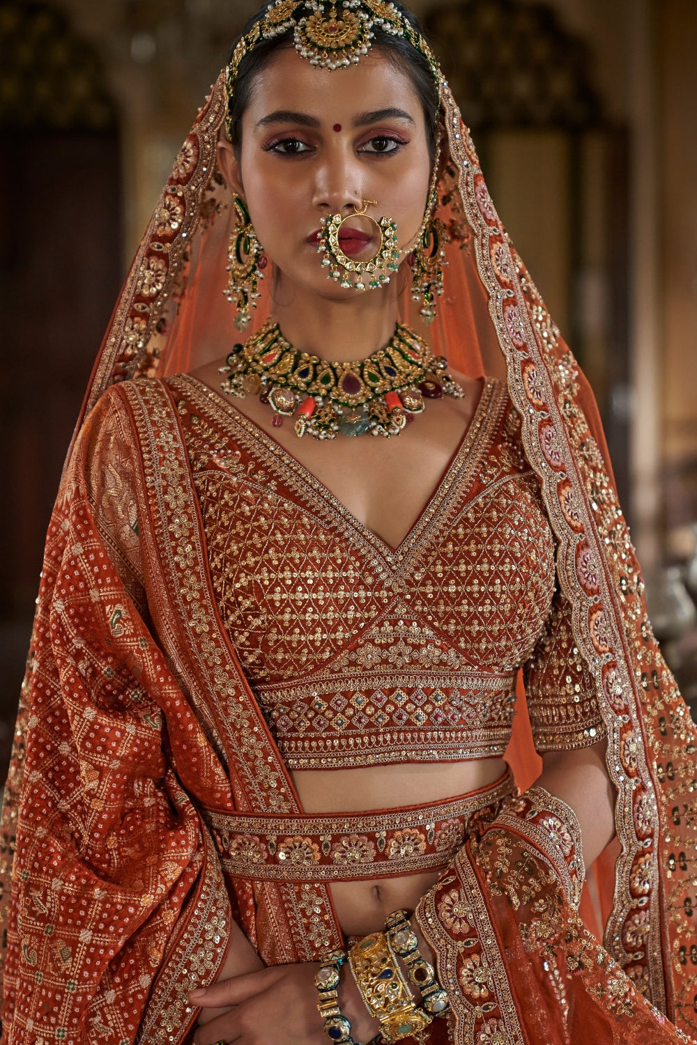 SILK BRIDAL LEHENGA WITH MOTI AND ZARDOSI WORK