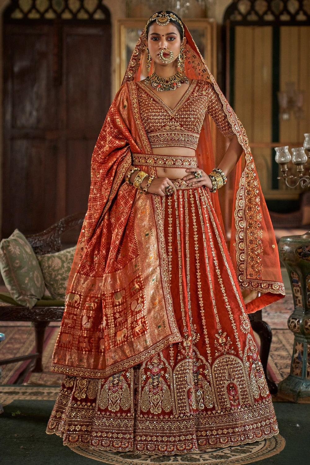 SILK BRIDAL LEHENGA WITH MOTI AND ZARDOSI WORK