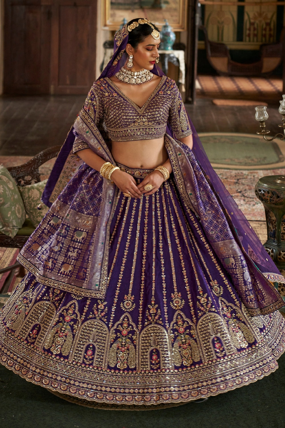 SILK BRIDAL LEHENGA WITH MOTI AND ZARDOSI WORK