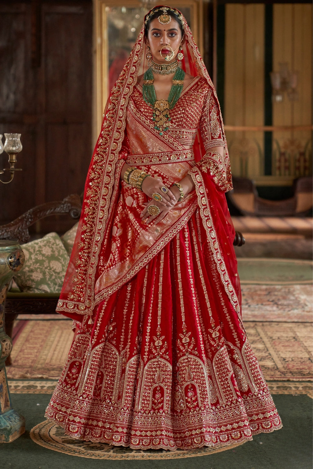 SILK BRIDAL LEHENGA WITH MOTI AND ZARDOSI WORK